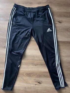 Adidas Mens Soccer Black Warmup Sweatpants with White Three-Stripe Detail